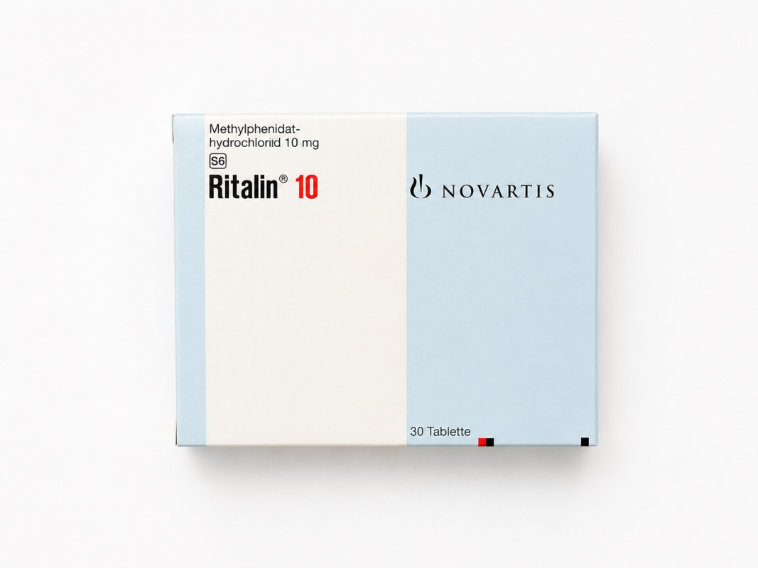 Box of Ritalin 10mg methylphenidate hydrochloride tablets for ADHD treatment in the UK. Always consult your doctor before you buy methylphenidate.