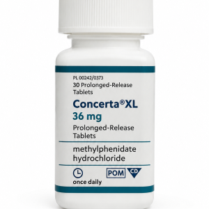 White bottle of Concerta XL 36 mg prolonged-release tablets containing methylphenidate hydrochloride, featuring POM and CD symbols. Patients can only buy Concerta online in the UK with a valid prescription.